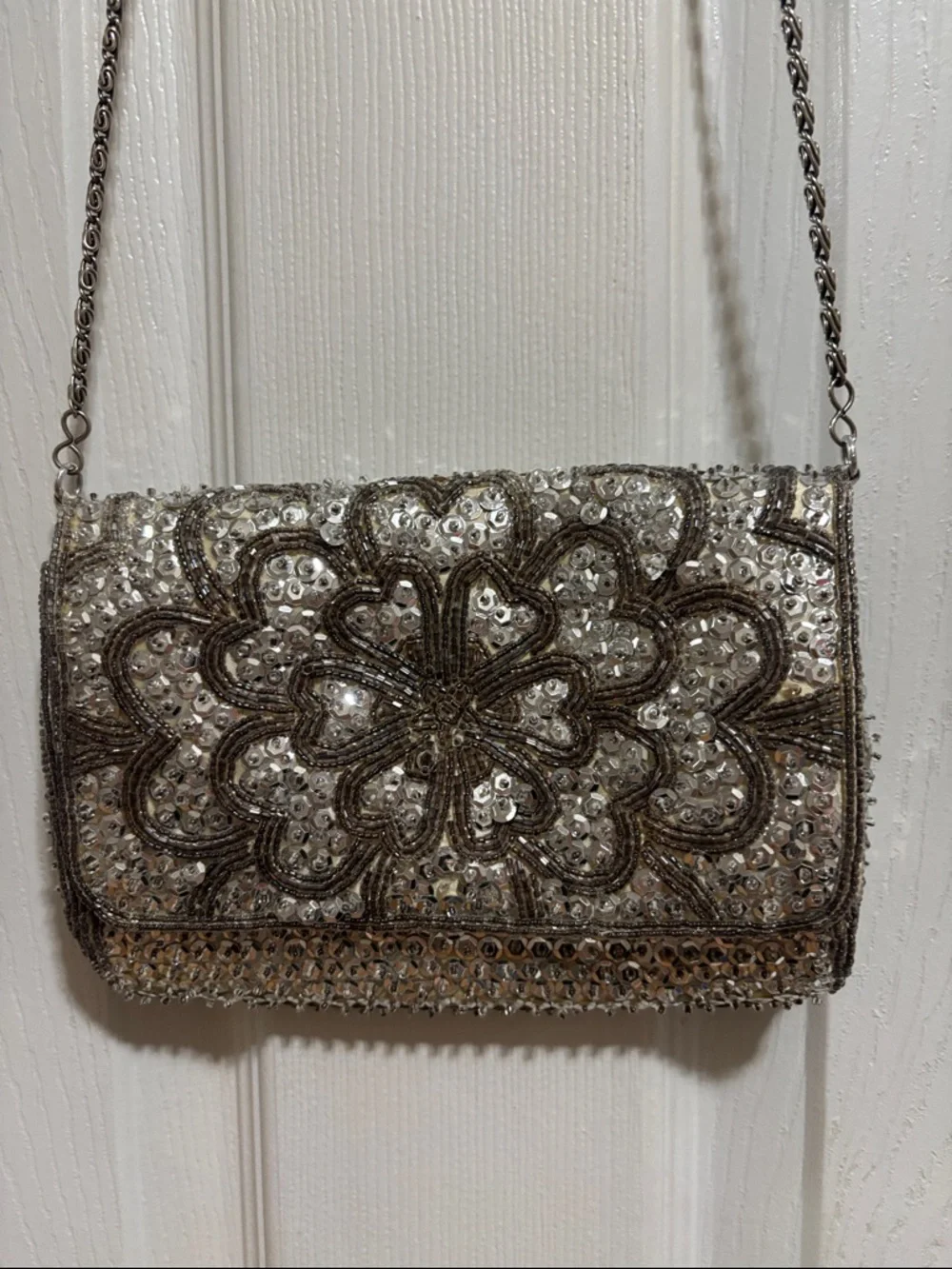 Silver Sequin Floral Evening Crossbody Bag